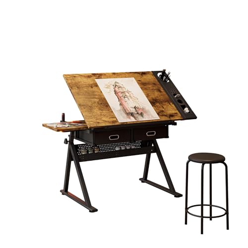 Majnesvon Adjustable Drafting Table, Metal Artist Desk, Drawing Desk with 2 Drawers & Stool, Art Tables with Storage for Home Office & School (Brown)