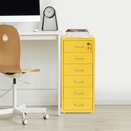 KONGKUNI 6 Drawer Metal File Cabinet for Home Office, Vertical File Cabinet with Lock, Locking Filing Cabinet Rolling File Cart for A4/ Legal/Letter, Require Assembly, Yellow