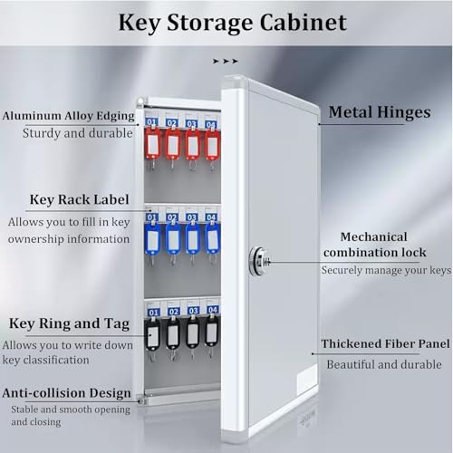 Laohucai Key Cabinet Key Lock Box Wall Mount, Aluminum Alloy Box Safe Storage Cabinet Large Capacity with Key Tags and Adjustable Hooks for Hotels Schools Businesses Real Estate Car Dealert(120 Key)