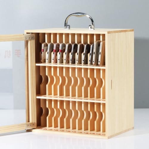 Wooden Slots Cell Phone Storage Box Cell Phone Storage Cabinet with Handle Classroom Pocket Chart with Security Lock Desktop Cell Phone Storage Box for Classroom Office