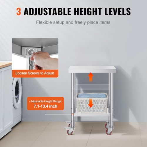 SUS201 Stainless Steel Work Table 24x12x34in 3 Height Levels