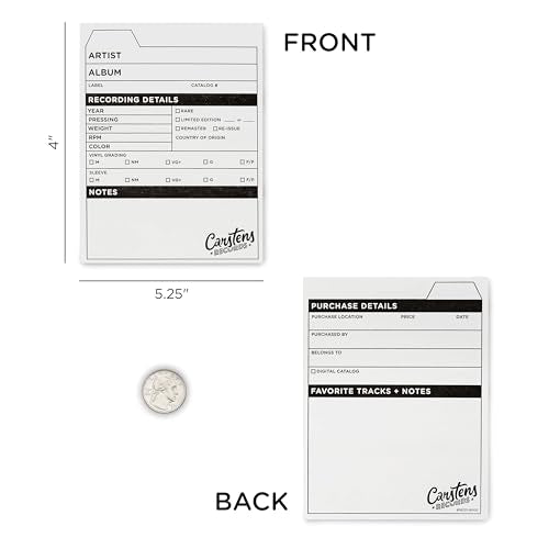 Carstens Records Vinyl Record Catalog Cards – 4 x 5.25 Inches, White, Pack of 100 – Printed Collector Cards, Double-Sided – Vinyl Record Accessories for Collectors