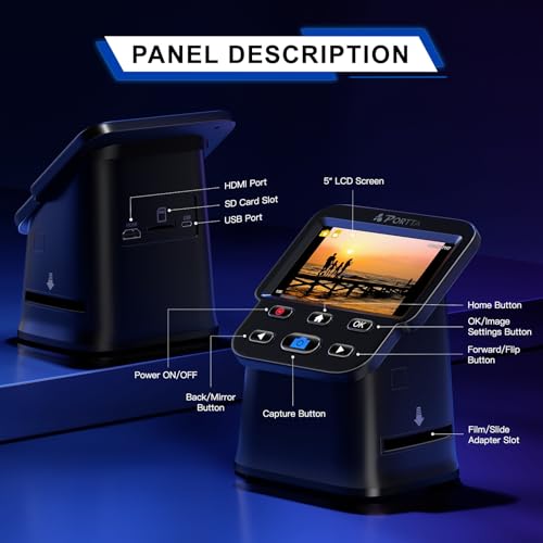 PORTTA Film Scanner with 5" LCD Screen, 22MP Slide & Negative Scanner, Converts 135, 126, 110 Film & Slides to Digital Photos, HDMI Output, SD Card Storage, No Computer Required