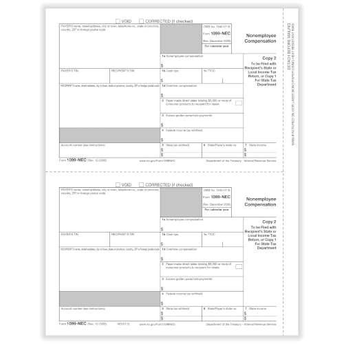 ComplyRight 1099-NEC 3-Part, 2-Up, Tax Forms Set with Self-Seal Envelopes (100 Recipients), Tax Filing Supplies
