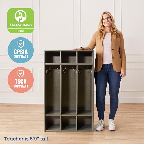 ECR4Kids Streamline 3-Section Coat Locker with Cubby Storage, Classroom Furniture, Grey Wash
