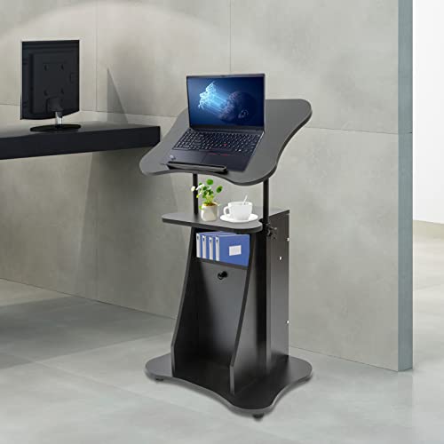 Mobile Laptop Cart Podium Presentation Stand,Adjustable Height Laptop Stand,Portable Podium Church Pulpit Desk Presentation Lectern Rolling Standing w/Storage Cabinet on Wheels (w/Sliding Door)