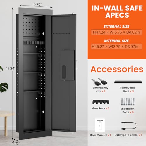 kavey 47.24" Wall Safe Between the Studs, Hidden Safe with Pegboard & LCD Keypad, Digital In Wall Gun Safe with 3 Removable Shelves, Magnetic Gun Slot, In Wall Safe (Black-Digital)