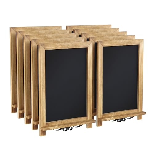BizChair 10 Pack Tabletop Magnetic Chalkboards - Torched Wood Finish - 9.5" x 14" - Metal Folding Legs - Hanging Message Board - Counter Memo Board