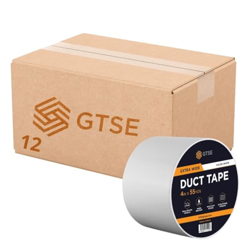 GTSE Wide Duct Tape, White, 4 Inches x 55 Yards (164 ft), Heavy Duty, Waterproof Repair Tape for Indoor or Outdoor Use, 12 Rolls