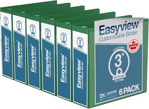 Easyview 3-Ring Binder, Clear-View Cover, 3" Round Rings, Green, 6 Pack