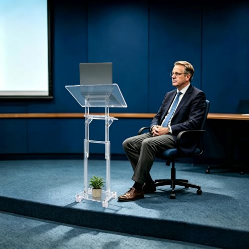 xsdzgdzy Acrylic Podium Stand with Wheels, Clear Adjustable-Height Presentation Stand, Dual-Layer Storage Lectern for Meeting Room, Classroom, Office, Mobile Rolling Modern Pulpit