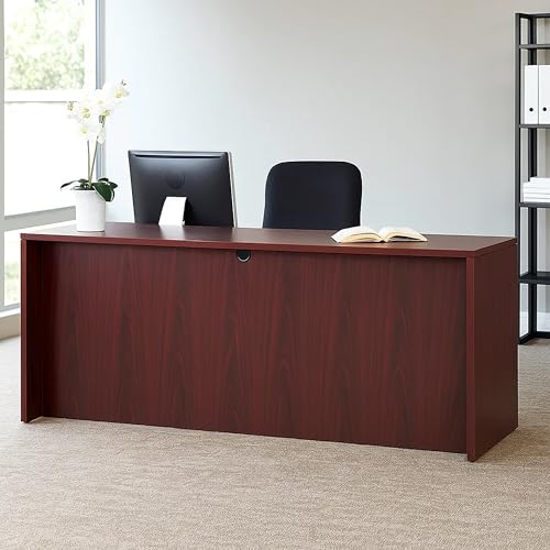 Benzara Jeny 71 Inch Office Credenza Shell with Modesty Panel, Mahogany Red