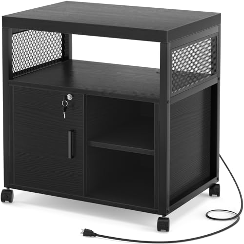 Unikito Lateral File Cabinet, Locking Office Printer Stand with Sockets and USB Charging Ports, Modern Rolling Printer Desk with Storage for A4, Letter Size and File Folders, Black