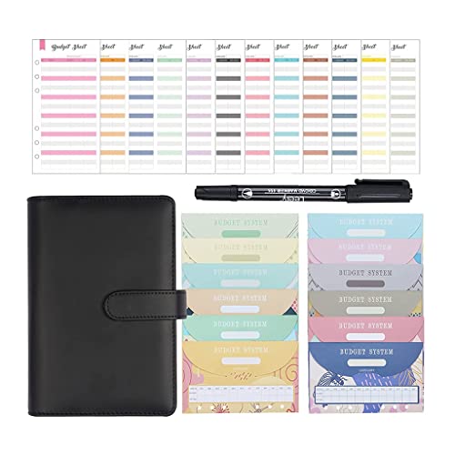 A6 PU Leather Budget Binder Notebook Money Envelopes Organizer for Cash Saving with Expense Sheets and Marker Pen(E)