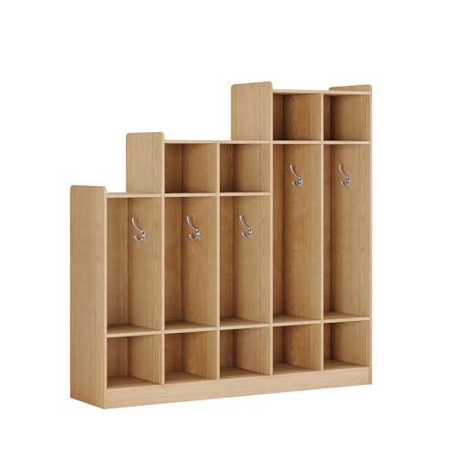 IDEALHOUSE 5-Section Classroom Coat Locker with 9 Cubbies, Daycare Cubby Storage Organizer with 10 Hooks for Home, School, Nursery, Kindergarten, Natural