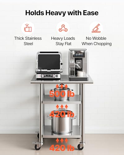 VEVOR Stainless Steel Work Table, 24x30 Inch Food Prep Table with 2 Shelves and Wheels, Commercial Kitchen Workstation, Metal Heavy Duty Utility Worktable, for Restaurant Home Hotel Garage Outdoor