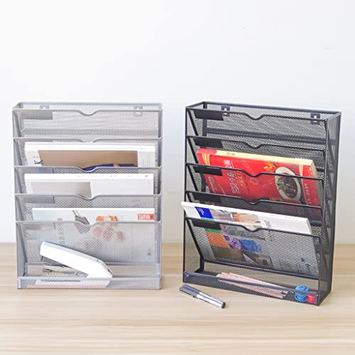 GRFIT File Holder Mesh Hanging Wall File Organizer Holder, 5-Tier Wall Mount Vertical File Rack with Bottom Flat Tray for Home Office School File Organizer Rack