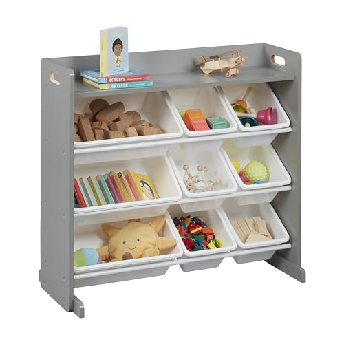 ECR4Kids 3-Tier Organizer with Shelf and 9 Removable Plastic Bins, 3x3, Toy Storage, Grey/White