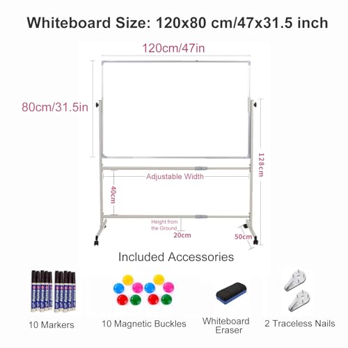 TRUNXUCL Rolling Whiteboard Magnetic, Dry Erase Board with Stand, Adjustable Height/Angle, Double-Sided Whiteboard Standing(Black,120x80cm/47x31.5in)