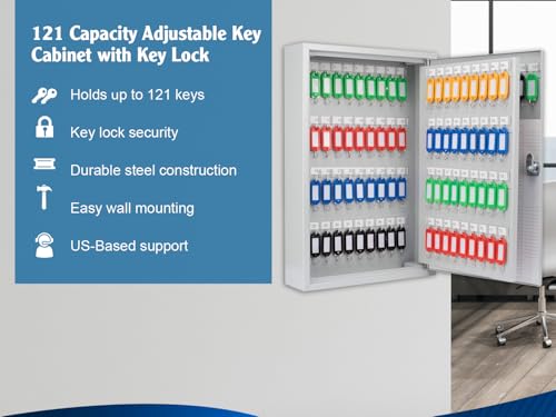 winbest 121 Position Key Lock Box – Hook-Style Cabinet with Numbered Hooks, Key Tags, Log Sheet, Labeled Shelves, Wall Mount, 0.8mm Solid Steel – Secure Key Organizer Storage