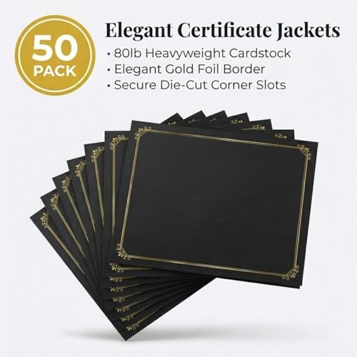 PaperDirect Simple Foil-Stamped Black Certificate Jacket, Heavy Cover Stock, Holds 8.5 x 11 Certificate, Elegant Gold Foil Border, Graduation Diplomas, Employee Recognition, Student Award, Pack of 50