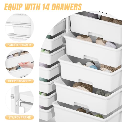 14 Drawer Rolling Storage Cart with Tabletop and Pegboard for Crafts White