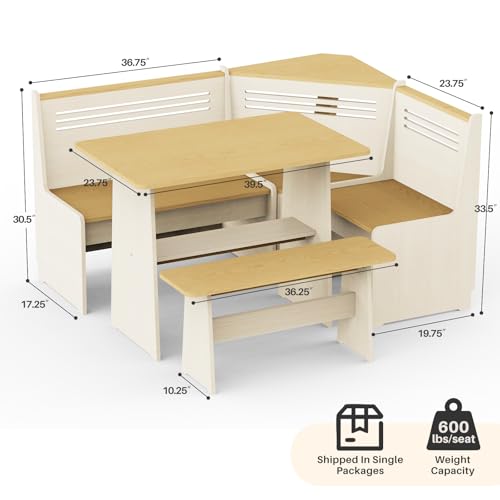 KYLE & KAY Breakfast Nook, Kitchen Nook Corner Table Set with USB, Bench and Storage Shelf, Dining Room Table and Chairs for 4-6, Solid Wood (White and Natural)