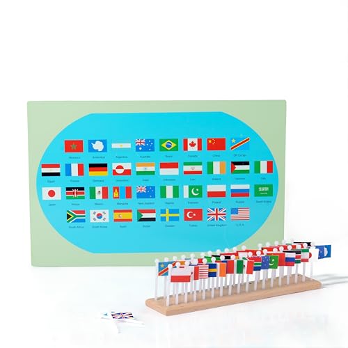 Premium Montessori World Flags Set with 22" Wooden Map- 36 Country Flags, Solid Beechwood, Educational Toy for Kids, Homeschool Classroom Geography Materials(Flags of The World) (Flags of the World)