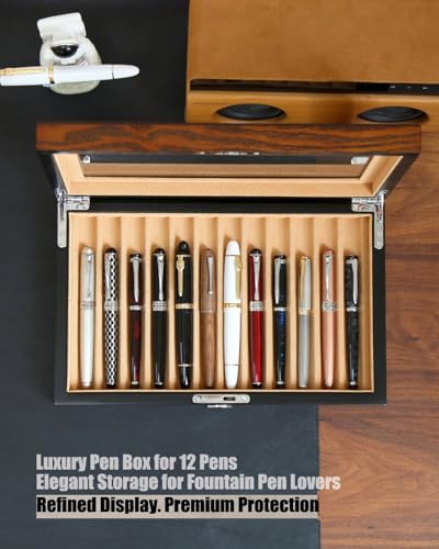 Besforu Wooden Pen Display Case – 12 Slot Lockable Fountain Pen Storage Box, Brown Collectors Display with Glass Top, Gift for Men