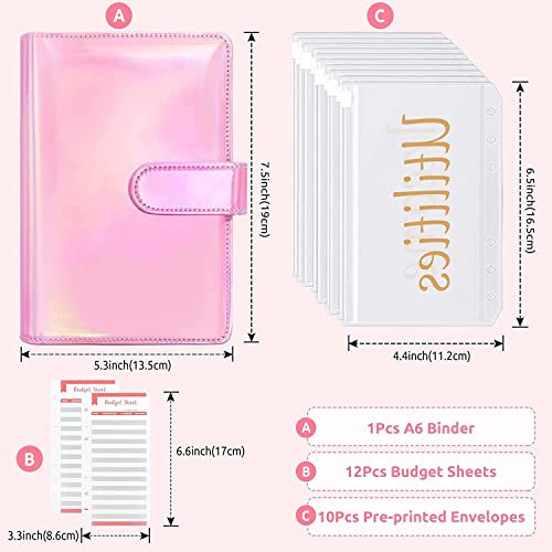 ONMYJFD A6 Budget Binder with 10pcs Pre-Printed Cash Envelopes for Budgeting, 12pcs Expense Budget Sheets, Money Organizer for Saving(E)