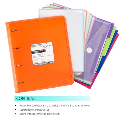 Grafoplás 88100052. Folder 4 Rings with Refill and Separators, A4, Orange, Striped Polypropylene, Multiline Carpebook