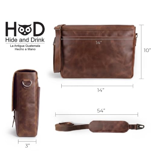 Hide & Drink, Messenger Bag with Shoulder Strap, 13-14 Inch Laptop Storage, Classic Portfolio, Travel Accessory, Full Grain Leather, Handmade, Bourbon Brown