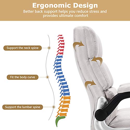 GIANTEX Executive Office Chair, Big and Tall Ergonomic Computer Chair, Adjustable Tilt Angle and Flip-up Armrest Linen Fabric Upholstered Chair with Thick Padding, High Back Managerial Chair (Beige)