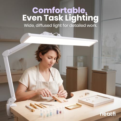Neatfi Pro LED Task Lamp with Clamp | CRI 95 | 50W | 684 LED Beads | 4,500 Lumens | Touch CCT Dimming | 3000K-6500K | Desk Light for Reading, Crafting & Home Office Use (White-8, 31.8-Inch Wide Shade)