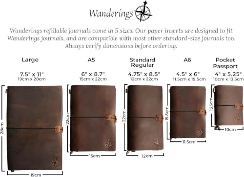 Wanderings A5 Lined Travelers Notebook Insert / A5 Journal Refill | 5.5" x 8.3" (14 x 21cm) | 6 Booklets, 480 Lined Pages | Travelers Notebook Refills for Journals, Diaries, Planners