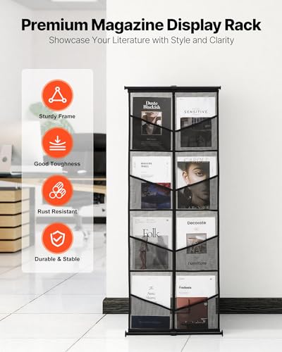 VEVOR Brochure Display Stand, 4-Tier 8 Pockets Mesh Literature Display Holder, Floor Standing Magazine Newspaper Catalog Rack, Lightweight and Portable with Carrying Bag for Shop Exhibitions Office