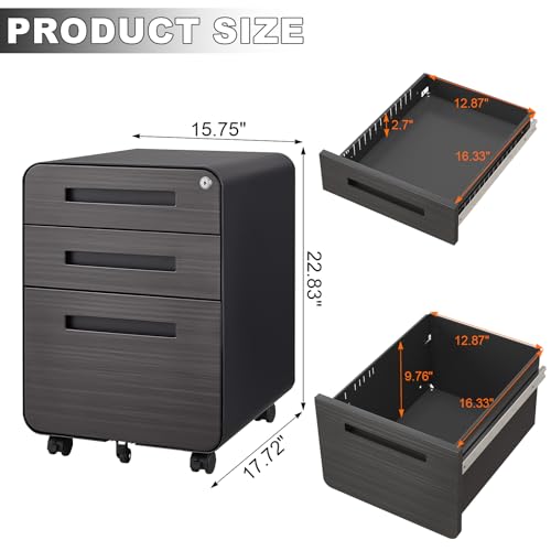 soges 3 Drawer Mobile Metal File Cabinet with Lock, Versatile Filing Cabinet Under Desk for Legal/Letter/A4 Storage, Full Assembled Except Casters, for Home Office (Wood Black)