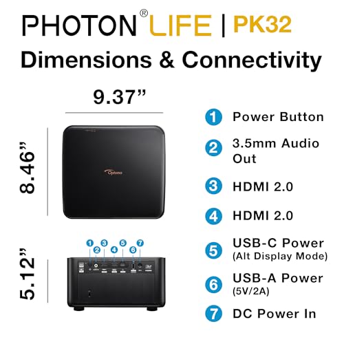 Optoma Photon Life PK32 - 4K UHD, 1,100 Lumens, LED, Premium Auto-Setup Home Entertainment & Gaming Projector