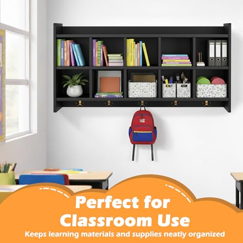 Verssure Wall Cubbies, 10 Cubby Storage Organizer with Coat Hooks, Cubbies for Classrooms,Wooden Cubby Shelf for Toys, Bags and Books, Used in School, Gym, Daycare Storge (Black)