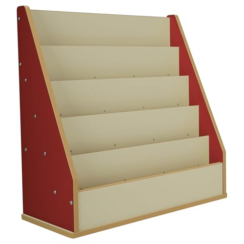 Factory Direct Partners Laminate Book Display Stand, 5-Shelf Storage for Kid Books and Magazines, Children's Furniture for Bedroom, Playroom, Daycare, Preschool or Classroom -Almond/Red, 13884-ALRD