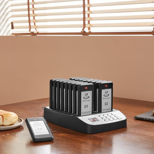 VEVOR Restaurant Pager System, Wireless 500m Long Range Lineup Waiting Queue Signal, Guest Customer Calling Beepers with Vibration & Flashing, 16 Buzzers for Food Truck, Church, Nursery, Hospital