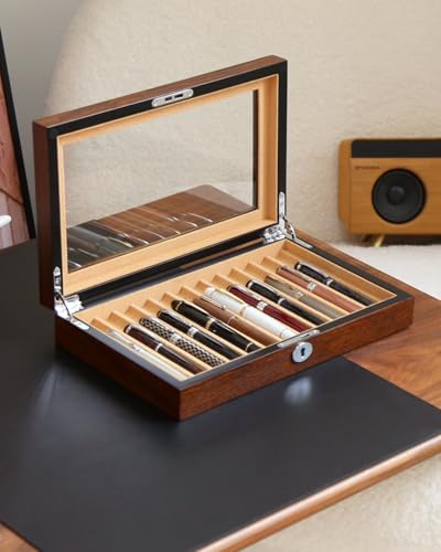 Besforu 12-Slot Fountain Pen Collector Case – Lockable Wooden Organizer with Glass Display Top, Premium Storage Box for Writing Instruments and Gift for Men