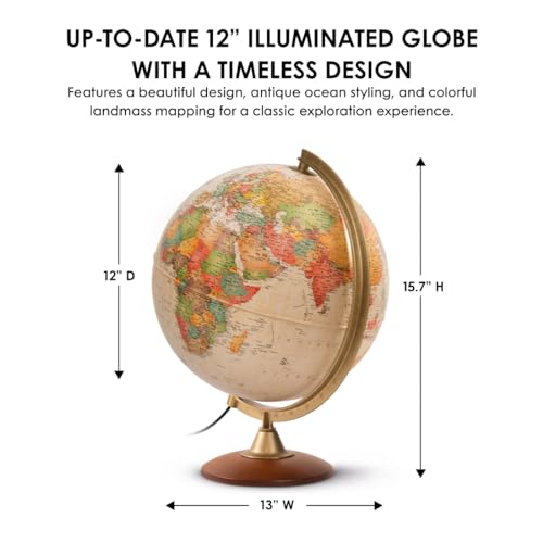 Journey 12" Diameter Antique Style Globe & Wood Stand - 1,000's of UP-TO-DATE Named Places & Points of Interest - Numbered Meridian - Illumination for Enhanced Viewing - Perfect for Desk or Tabletop
