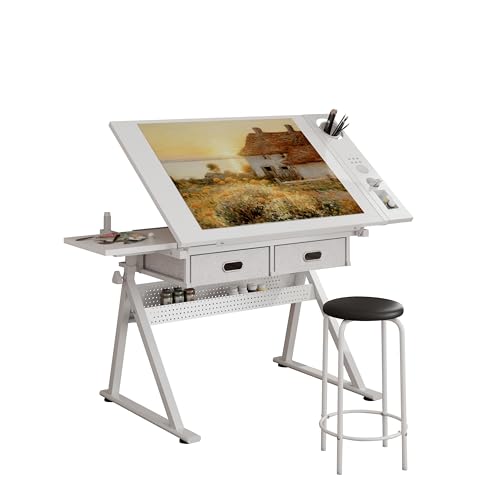 WZONICE98 Adjustable Drafting Table with Stool & 2 Drawers, Height Adjustable Tilting Art Desk, White Drawing Desk with Storage for Home Office, School, Painting, All White
