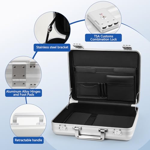 urecimy Small Aluminum Briefcase 14.5X10.6X4.5 Inch Metal Toolbox Cash Case 14 Inch Notebook Briefcase Slim for Men Silver Attache Case