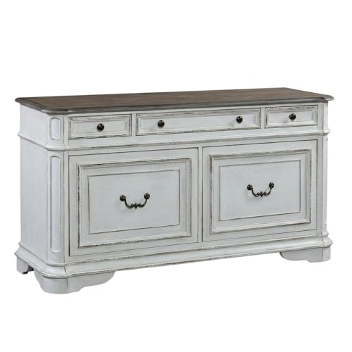 Bison office Antique White Credenza, European Traditional Style, Rubberwood Solids, White Oak and Birch Veneers, Ample Storage, Durable Construction