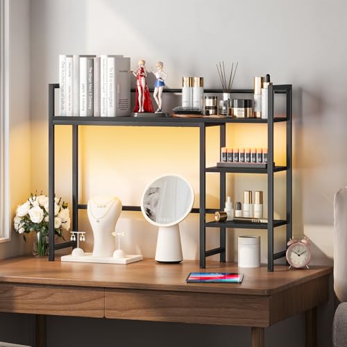 Snughome Desk Shelf with LED Strip, 38.6" Desktop Organizer Shelf, Desk Hutch for Computer Monitor, 4 Tier Desk Display Rack, Wood Desktop Bookshelf Storage Rack for Home Office Dorm