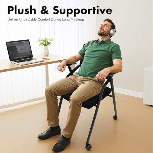 OLKKEFT Office Reception Guest Chair with Tablet & Caster Wheel, Comfortable Conference Room Chairs with Comfortable Handles, Folding Office Chair for Schools, Meeting Rooms, Step Classrooms