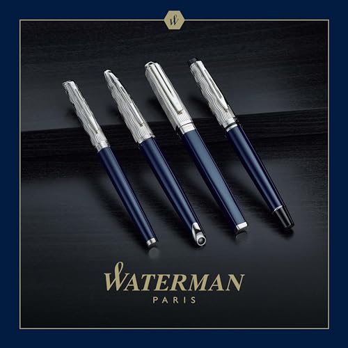Waterman Expert Rollerball Pen | Metal & Blue Lacquer | Chiselled Cap | Black Ink | Gift Box