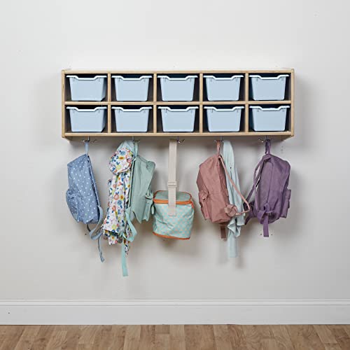 ECR4Kids Streamline 10-Section Hanging Coat Locker with Scoop Front Storage Bins, Natural, Cubby Storage, Powder Blue